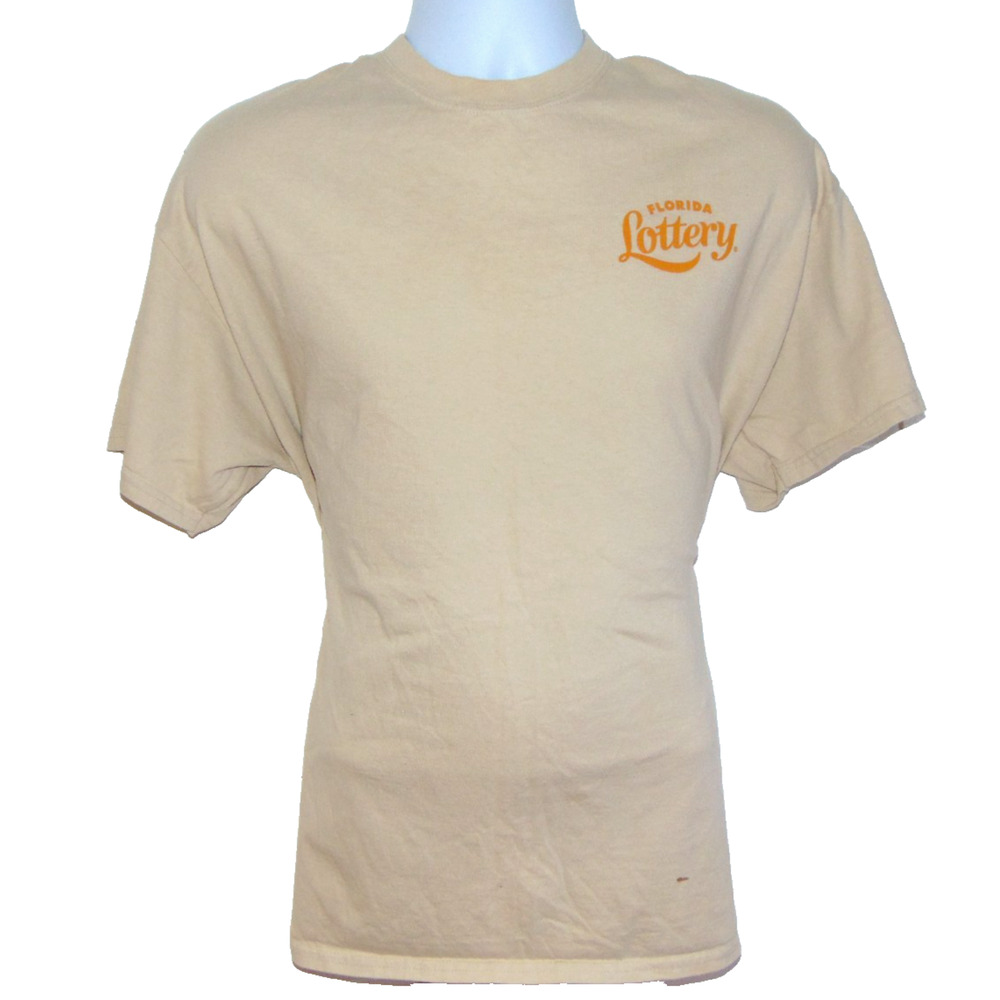 Florida Lottery Promo T-Shirt Word Cloud Back Flamingo Powerball Tan Mens L